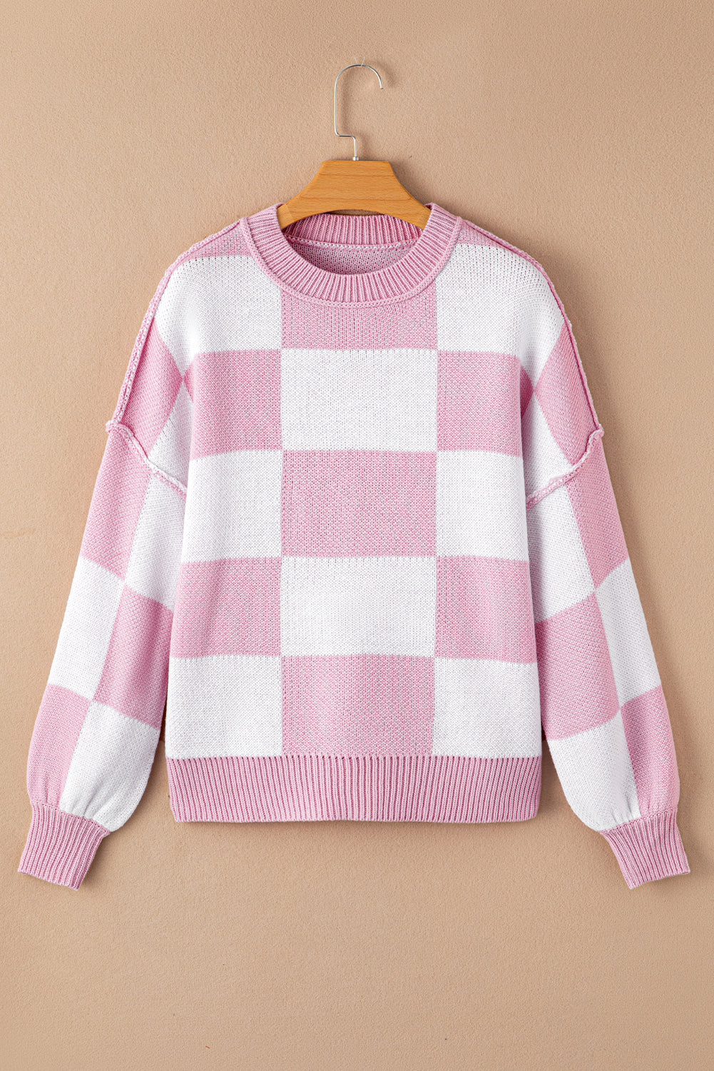 Pink Checkered Bishop Sleeve Sweater