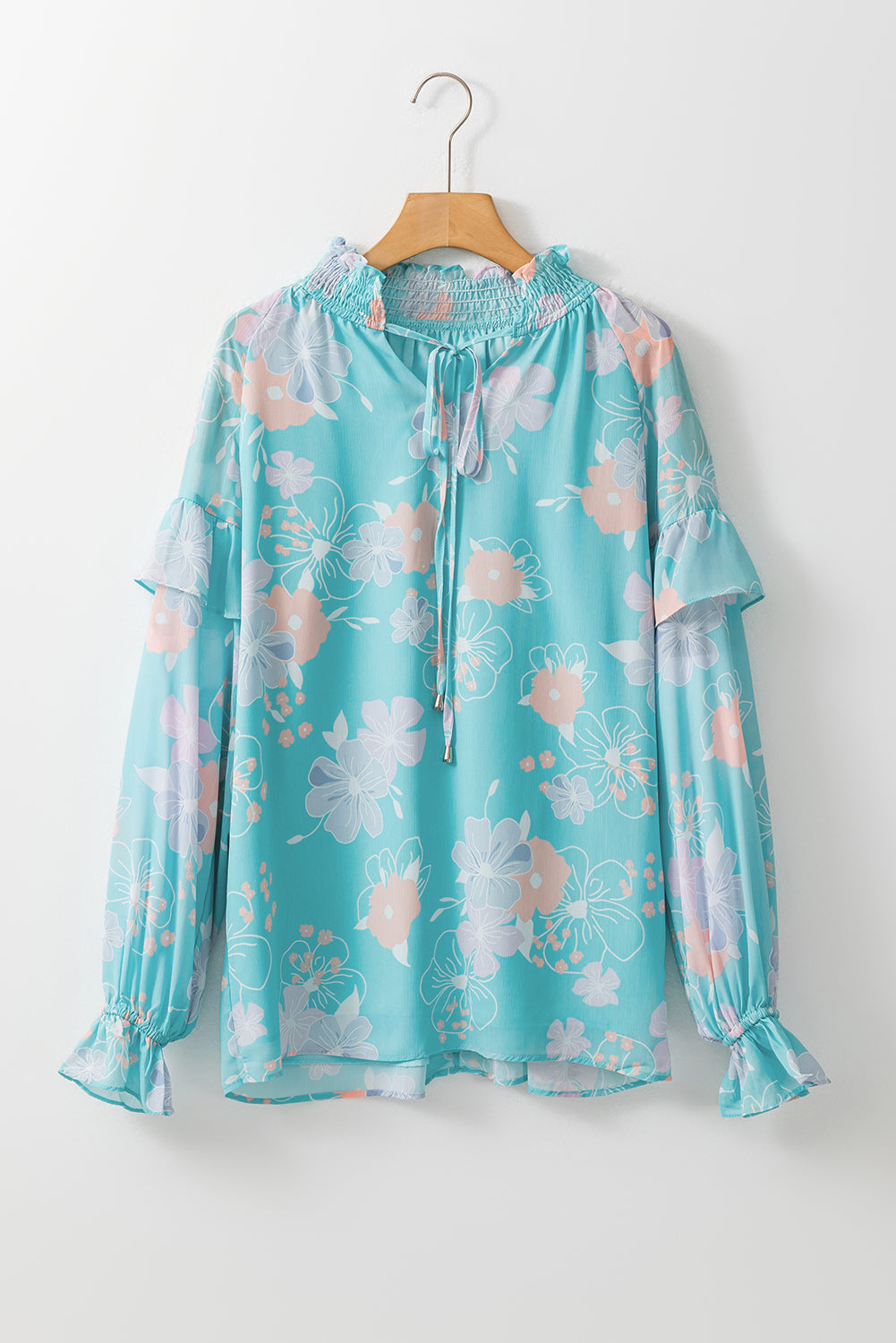 Sky Blue Floral Split Neck Ruffled Puff Sleeve Blouse