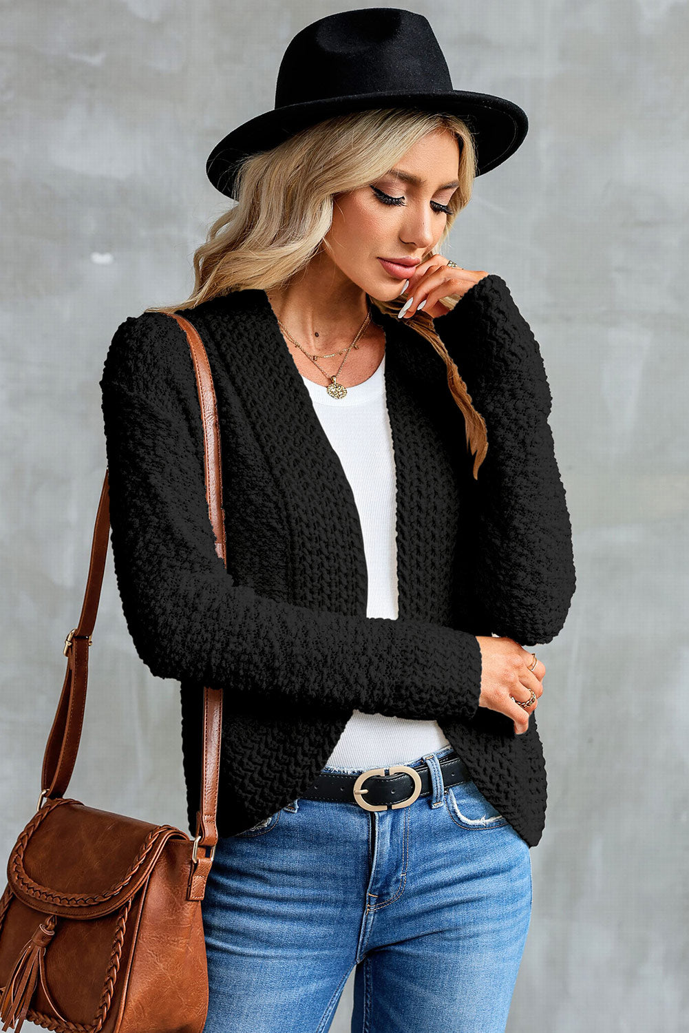 Black Popcorn Knit Open Front Cardigan