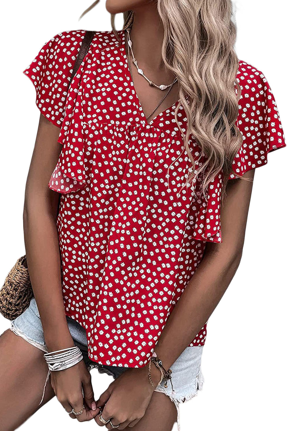 Fiery Red Floral Print Ruffle Sleeve Blouse