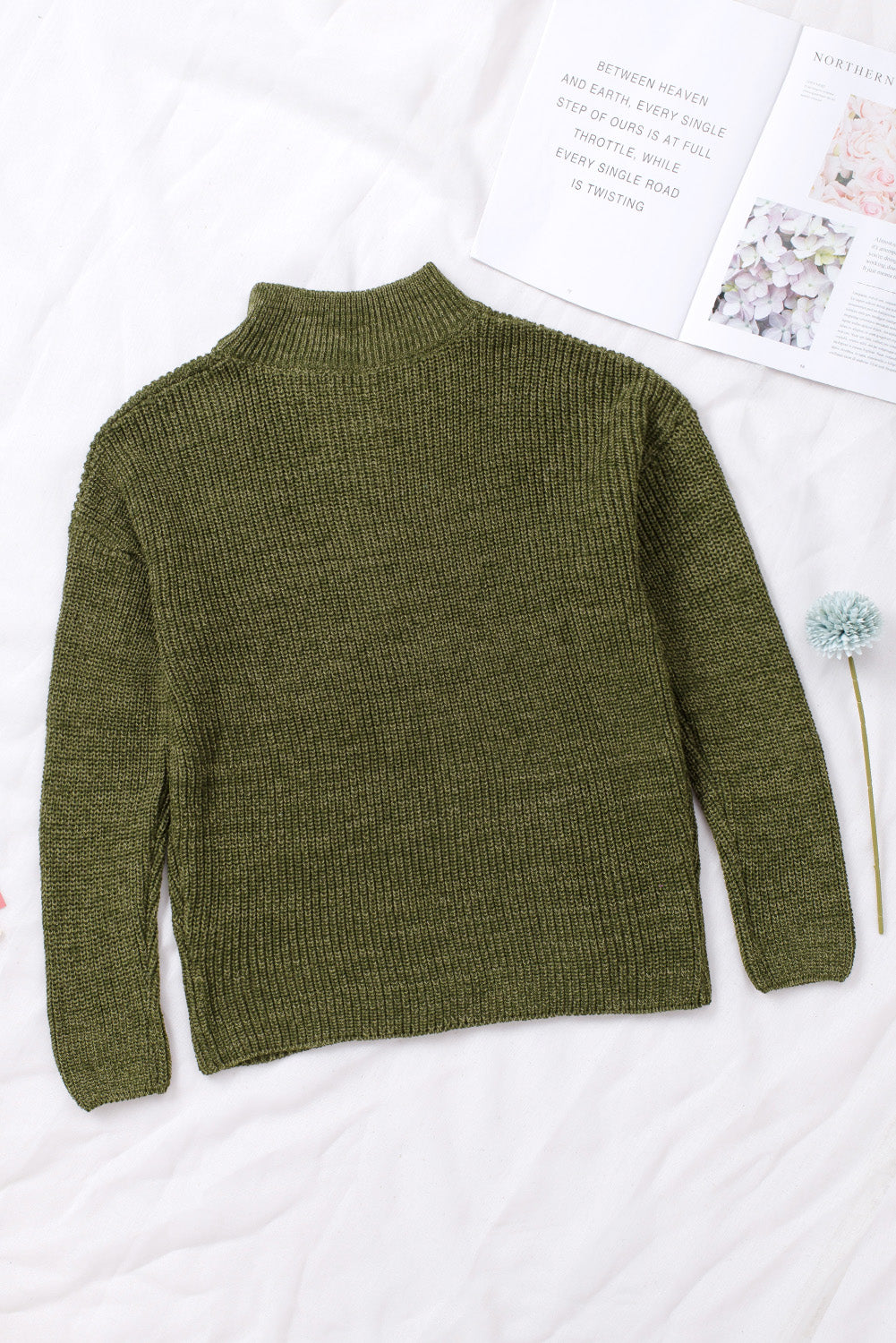 Green Zipped Turtleneck Drop Shoulder Knit Sweater